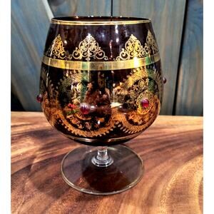 693. Bohemian Brandy Snifter Gold Burgundy Jeweled